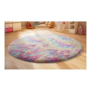 Ophanie Round Rug Fluffy Rainbow Tie Dye Plush Kids Play Area Carpet 4Ft